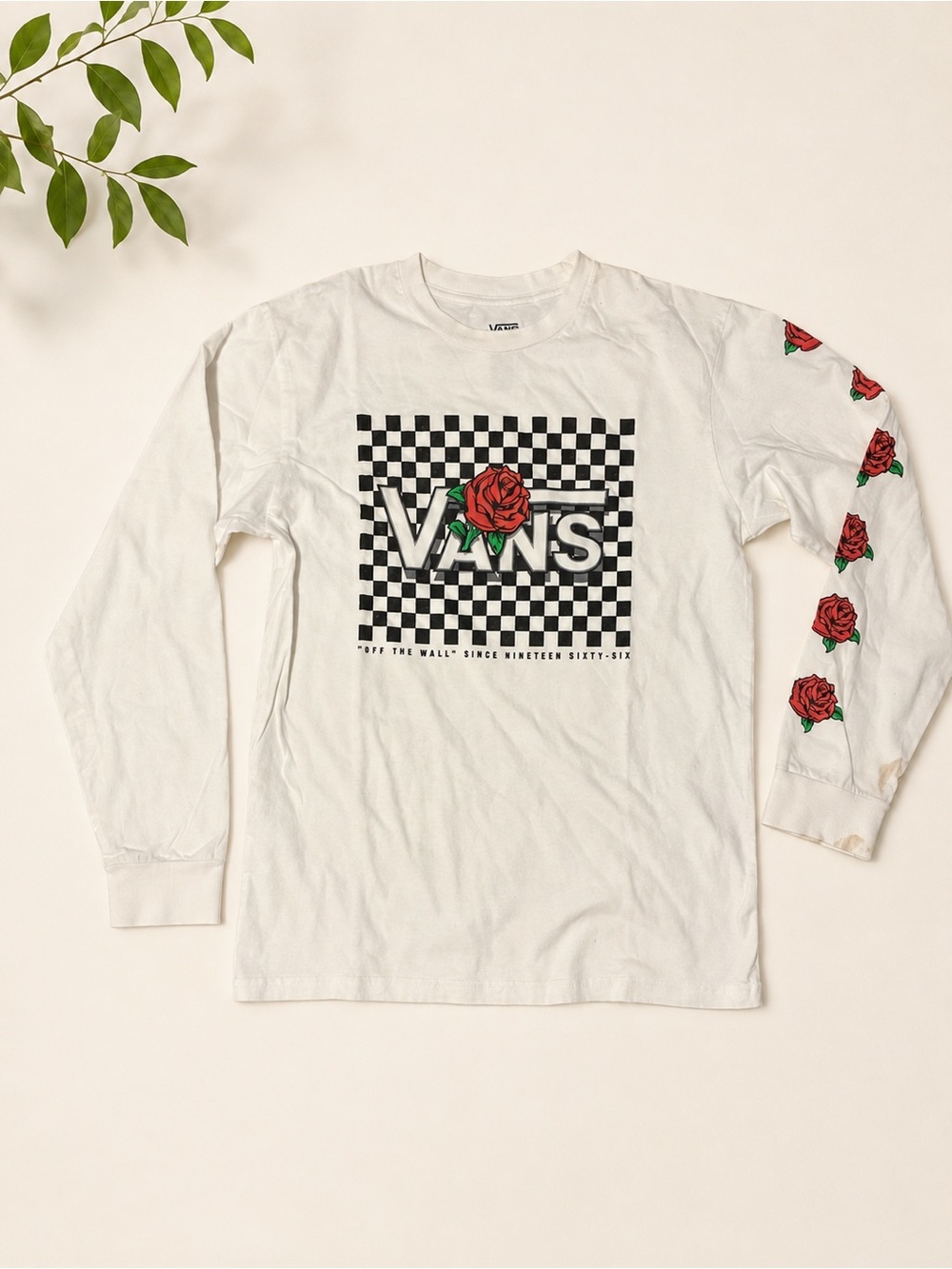 Vans White Long-Sleeve Checkerboard Tee with Red Rose Sleeve Prints